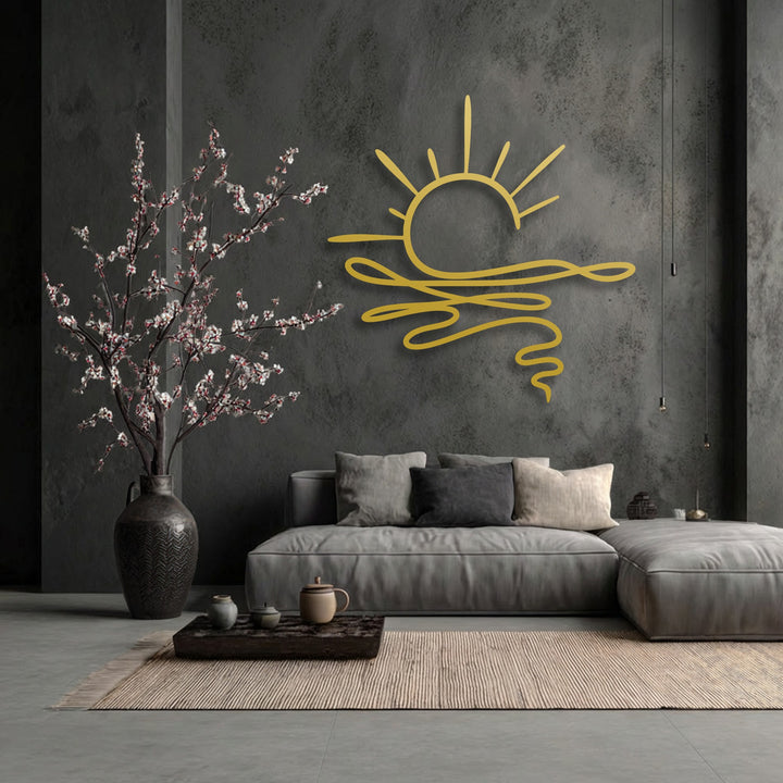 Low color saturation beautifully highlights the radiant golden abstract sunrise decoration wall art in a subtly textured, modern room.