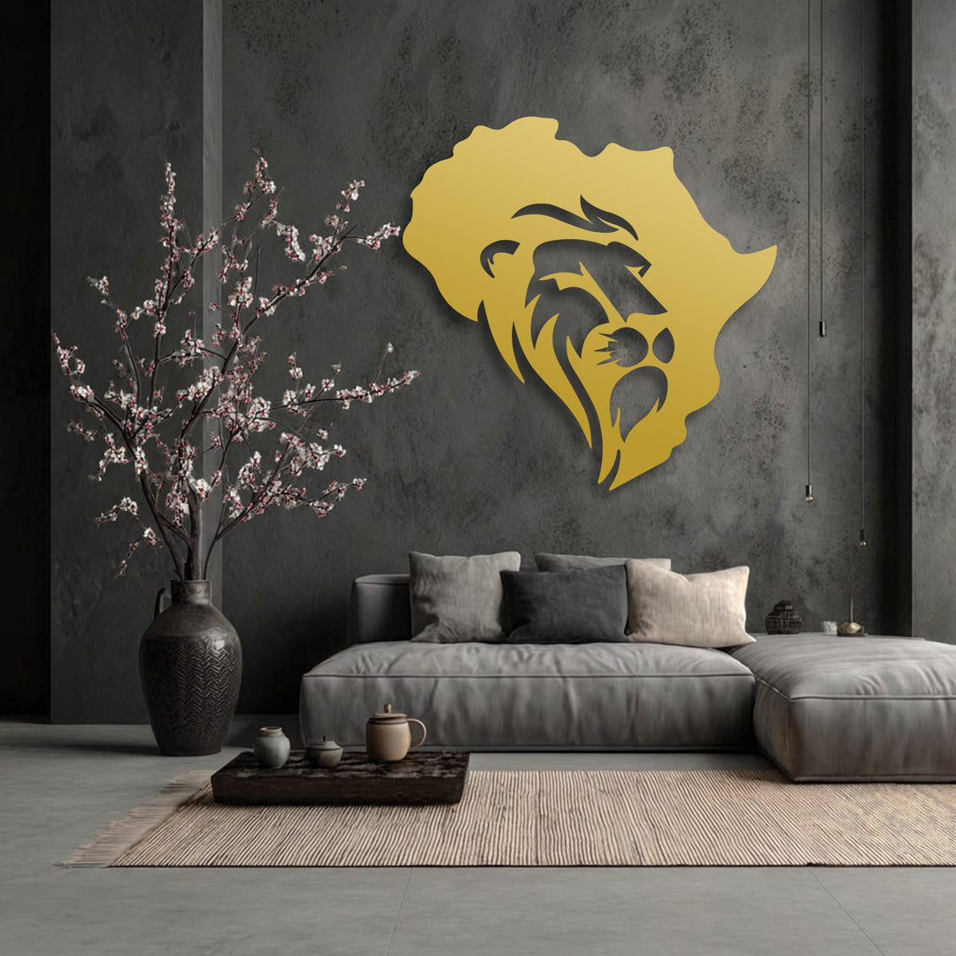 Cool, muted color temperature with striking warm accents from the Africa Map Lion Metal Wall Art, serving as captivating decoration wall art.