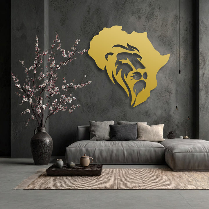 Cool, muted color temperature with striking warm accents from the Africa Map Lion Metal Wall Art, serving as captivating decoration wall art.