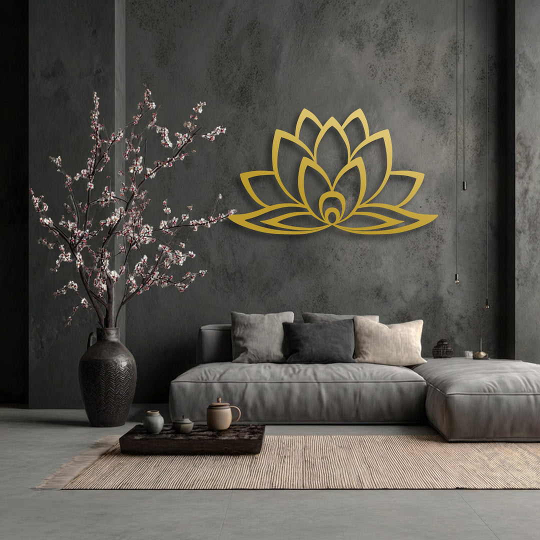 Exceptional material quality is evident in this golden lotus metal art for wall, showcasing sleek contours and a refined finish against a dark textured background.