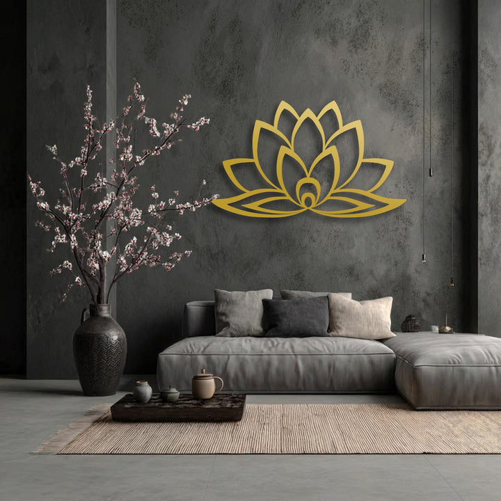 Exceptional material quality is evident in this golden lotus metal art for wall, showcasing sleek contours and a refined finish against a dark textured background.