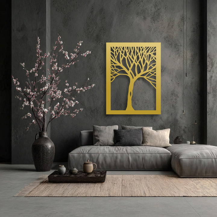 The plush cushions of the gray sectional sofa, complementing the abstract tree metal wall art, create a cozy decoration wall art scene.