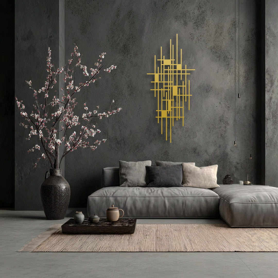 Emphasizing its abstract quality, this modern geometric grid metal art for wall displays striking gold lines on a dark, textured background.