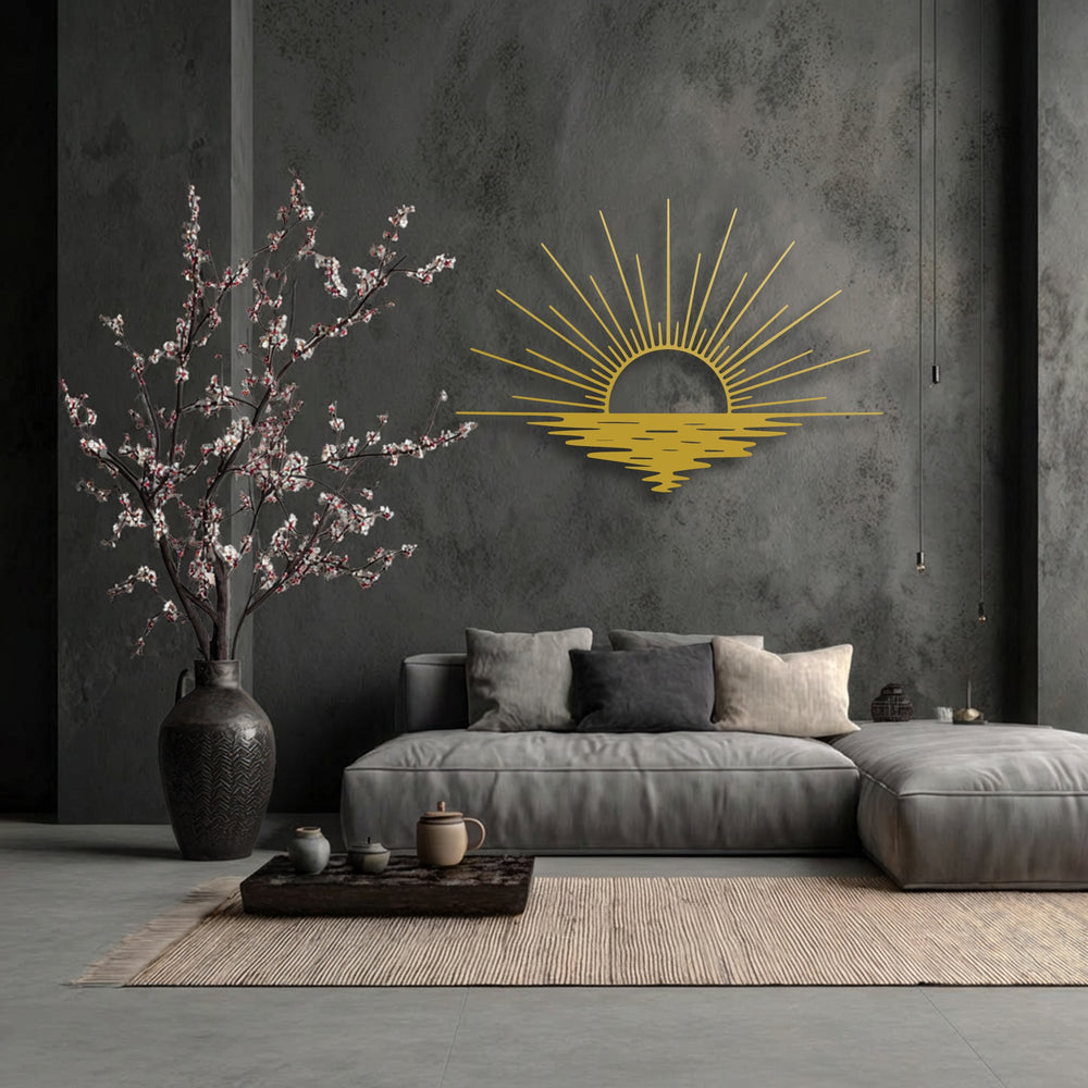 Creating striking depth and layers, the metal art for wall showcases a minimalist sun and ocean reflection against a dark, textured wall.