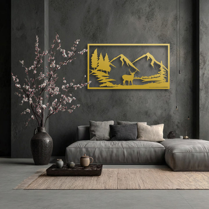 The darkest charcoal wall features a prominent golden Majestic Mountain Deer Silhouette metal decoration wall art.