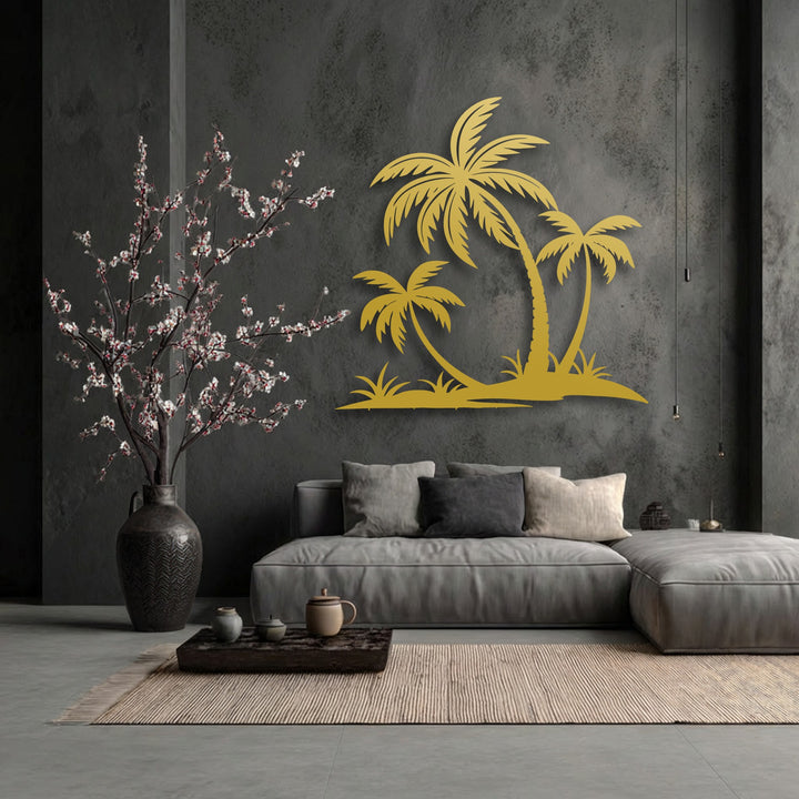 A captivating golden tropical palm tree silhouette, presented as unique metal wall art, beautifully adorns a dark gray, textured wall.