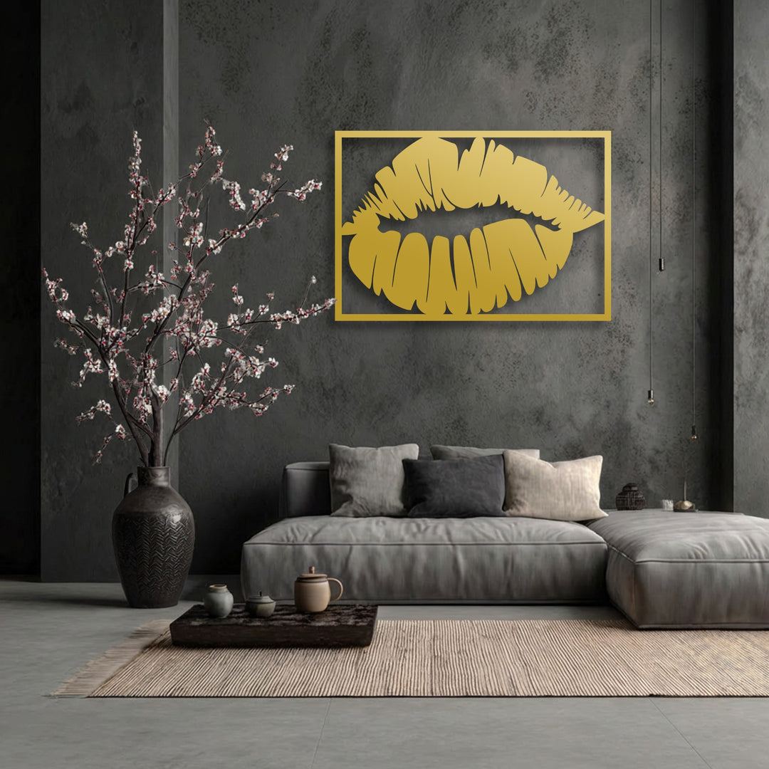 The striking transition of vibrant golden lips decorative metal art against the subdued charcoal gray wall, complementing soft textiles.