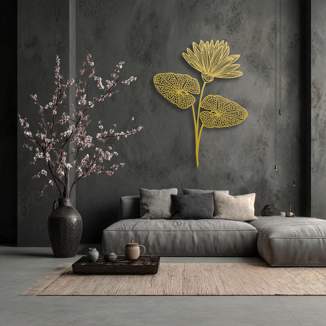 The realistic detail of this serene interior showcases elegant botanical metal decoration wall art featuring a golden lotus bloom.