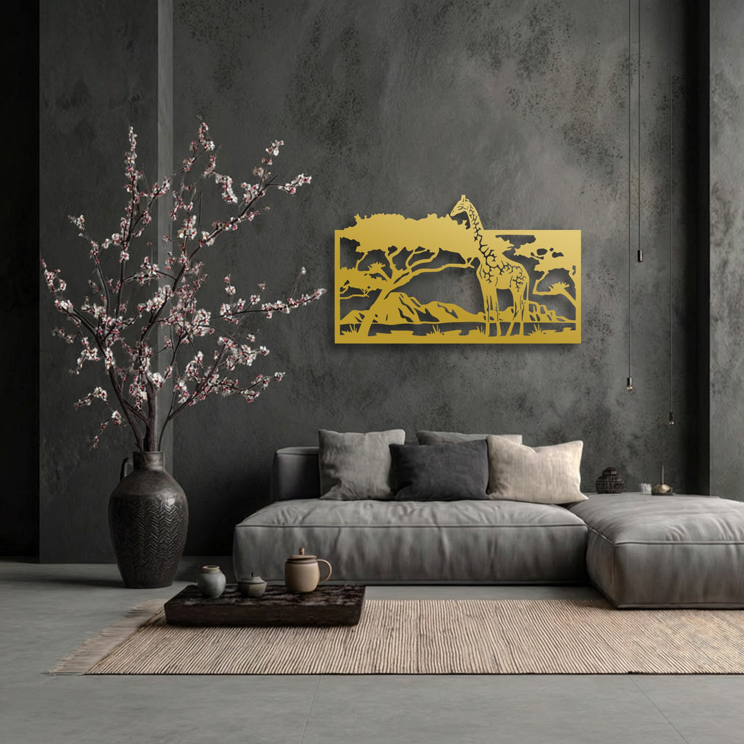 The golden metal giraffe decoration wall art casts subtle shadows against the dark wall, illuminated in the dimly lit savannah scene.