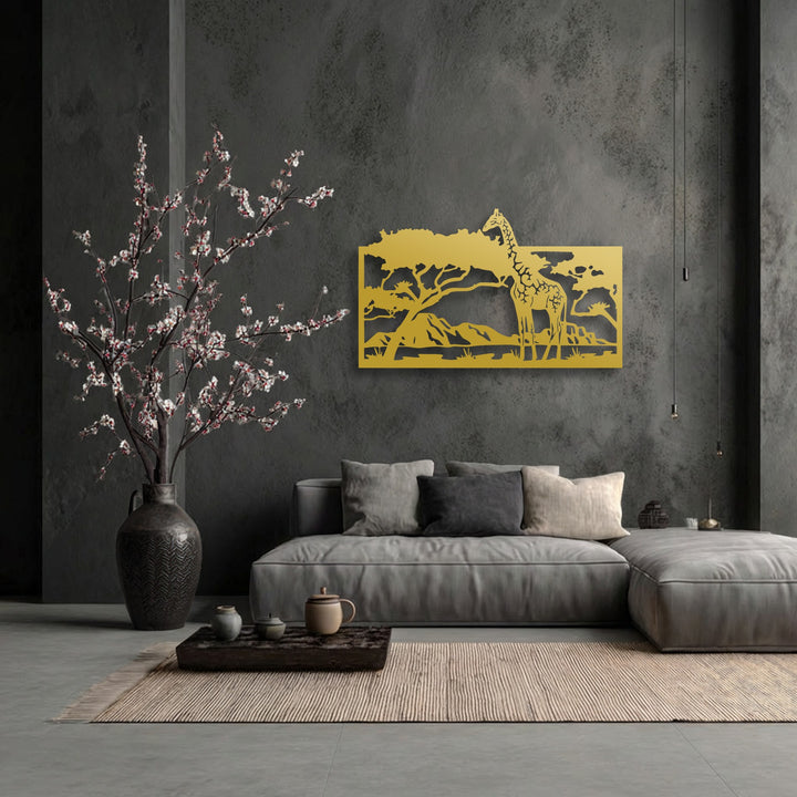 The golden metal giraffe decoration wall art casts subtle shadows against the dark wall, illuminated in the dimly lit savannah scene.