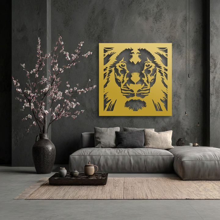 The dark charcoal, textured concrete-style background wall provides a stark contrast to the bold geometric lion unique metal wall art.