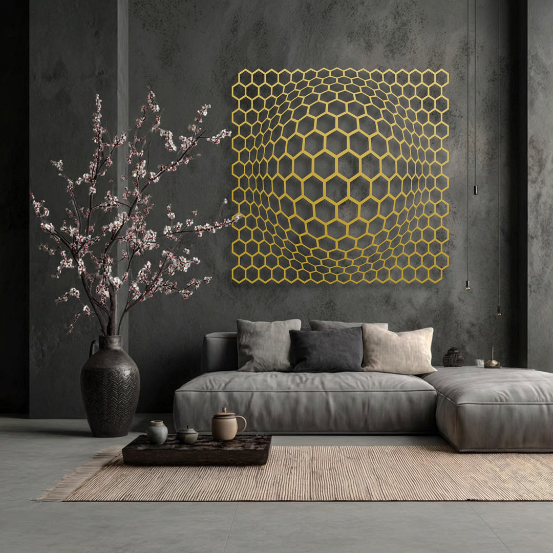 The striking color contrast in this modern metal artwork features a bright yellow geometric hexagon depth illusion against a dark, textured wall.