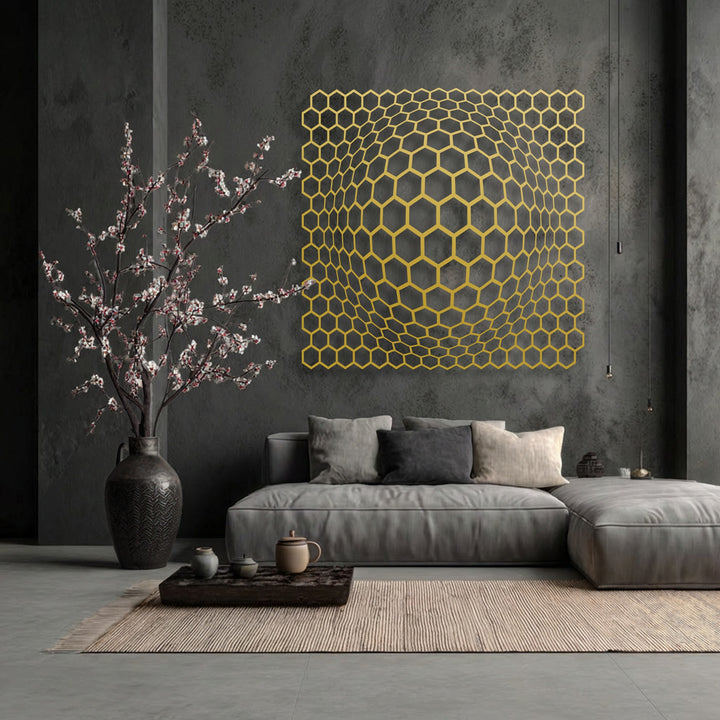 The striking color contrast in this modern metal artwork features a bright yellow geometric hexagon depth illusion against a dark, textured wall.