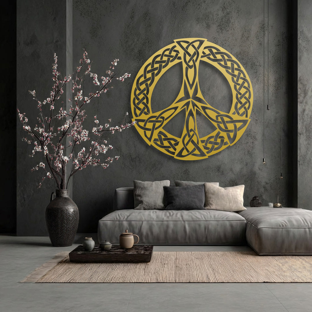 The foreground features a wooden tray with ceramic cups on a textured rug, enhancing the Celtic Knot Peace Symbol decorative metal art.