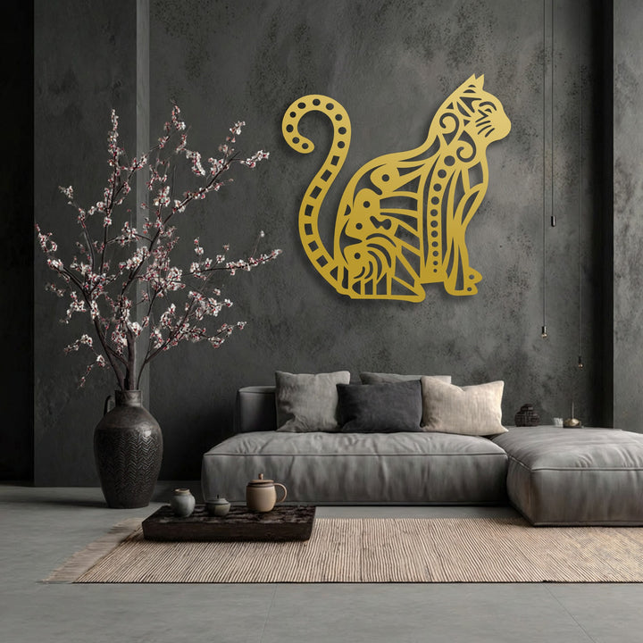 Plush grey sofa cushions and a textured beige rug complement the striking Ornamental Cat Silhouette metal art for wall in a minimalist room.