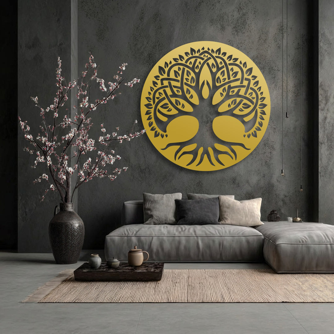The realistic detail of the Celtic-inspired Sacred Tree of Life unique metal wall art stands out with its intricate golden design against a textured dark wall.