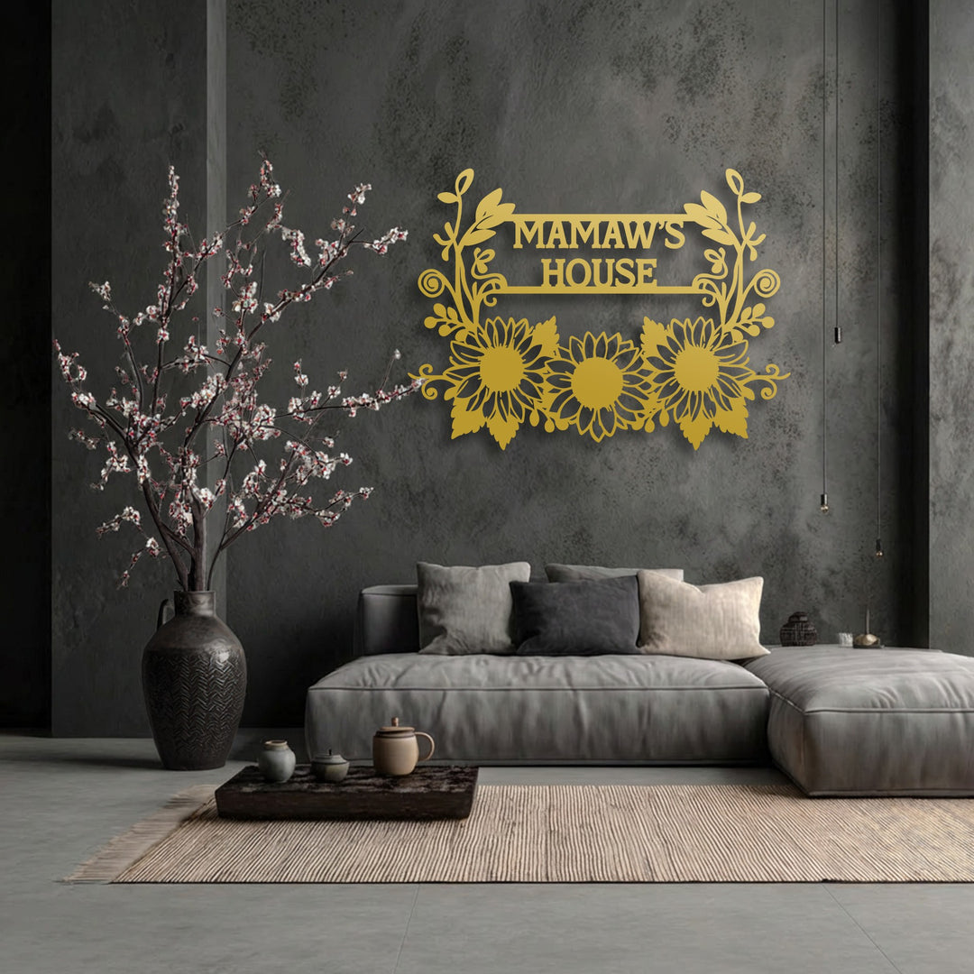 This horizontal, custom-shaped unique metal wall art features personalized sunflower family name signage with intricate decorative elements.