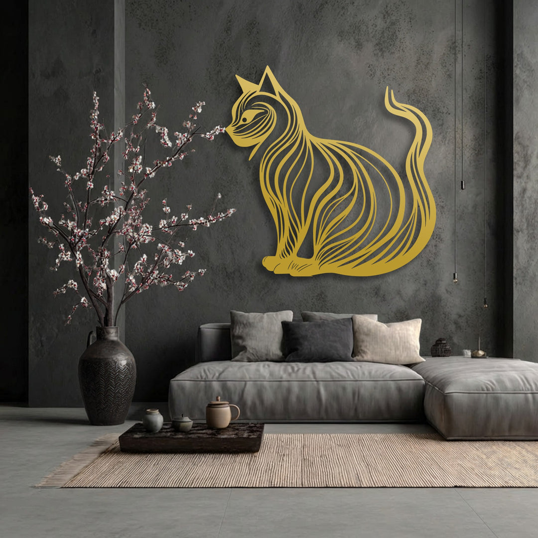 The serene mood is captured by an elegant cat silhouette metal wall decor, adding a modern minimalist touch to the sophisticated interior.