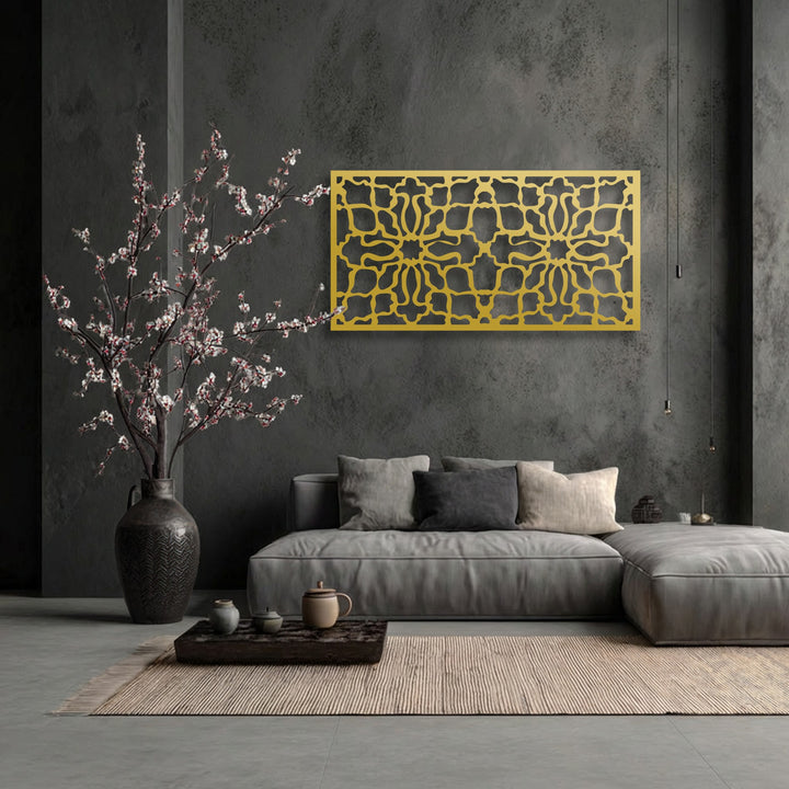 Dynamic metal art for wall, the ornamental geometric pattern panel’s fluid design creates a captivating sense of movement in the serene room.