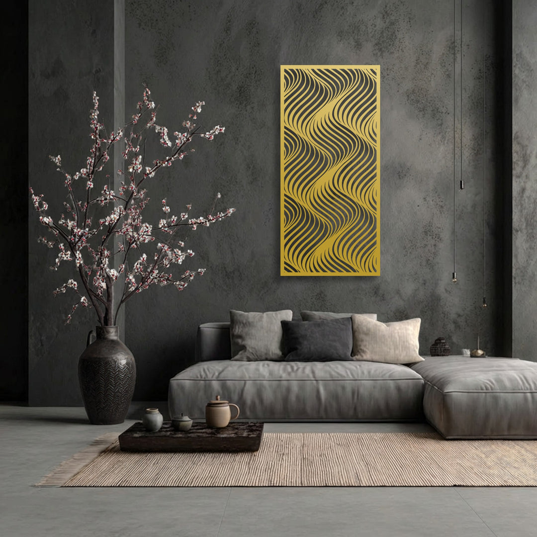 Against a low color saturation backdrop, the golden flowing wave pattern metal wall art offers vibrant decoration wall art.