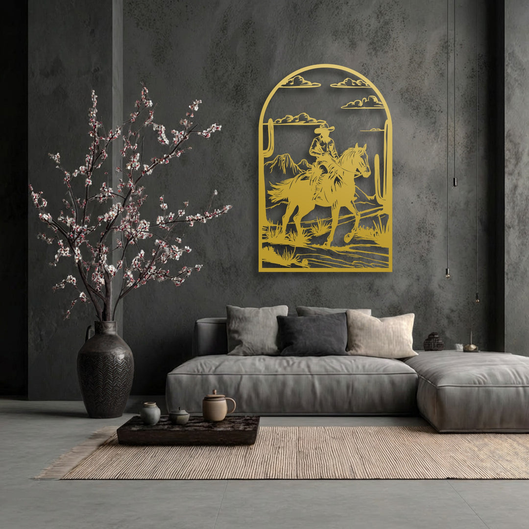 Light and shadow artfully illuminate the intricate details of the golden desert cowboy metal artwork, depicting a captivating western ride scene.