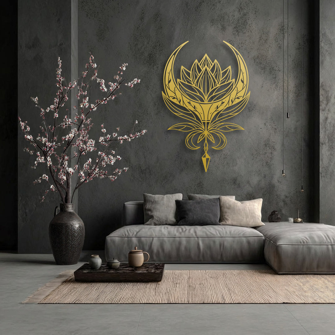 The brightest area highlights the intricate gold Celestial Lotus Emblem metal artwork, a striking focal point against the dark wall.