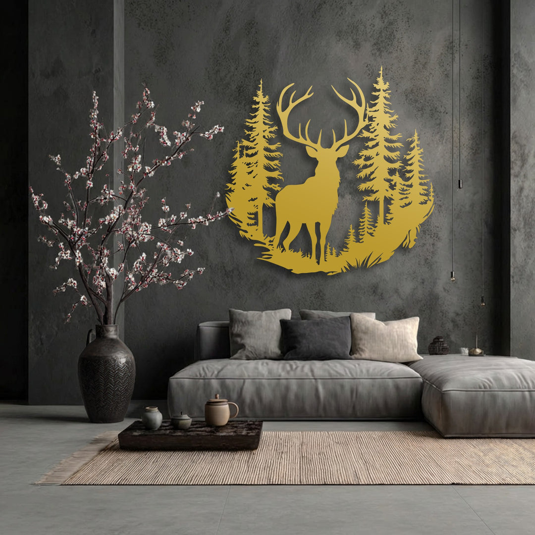 The stillness of a majestic deer in a forest is captured in this decorative metal art, creating a serene wall decor piece.