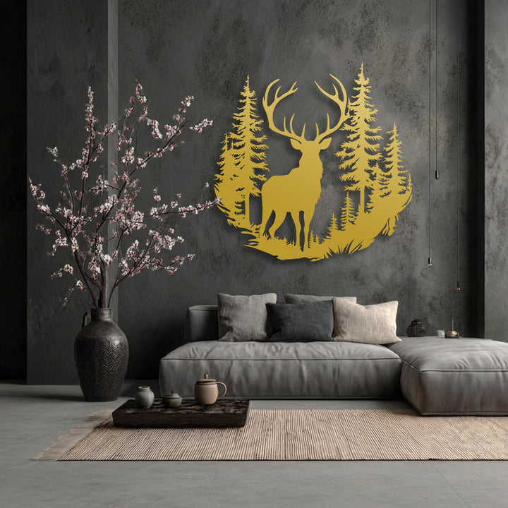 The stillness of a majestic deer in a forest is captured in this decorative metal art, creating a serene wall decor piece.