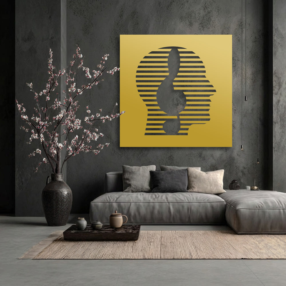 The abstract face metal decoration wall art creates a dynamic sense of rhythmic movement through its striped design.