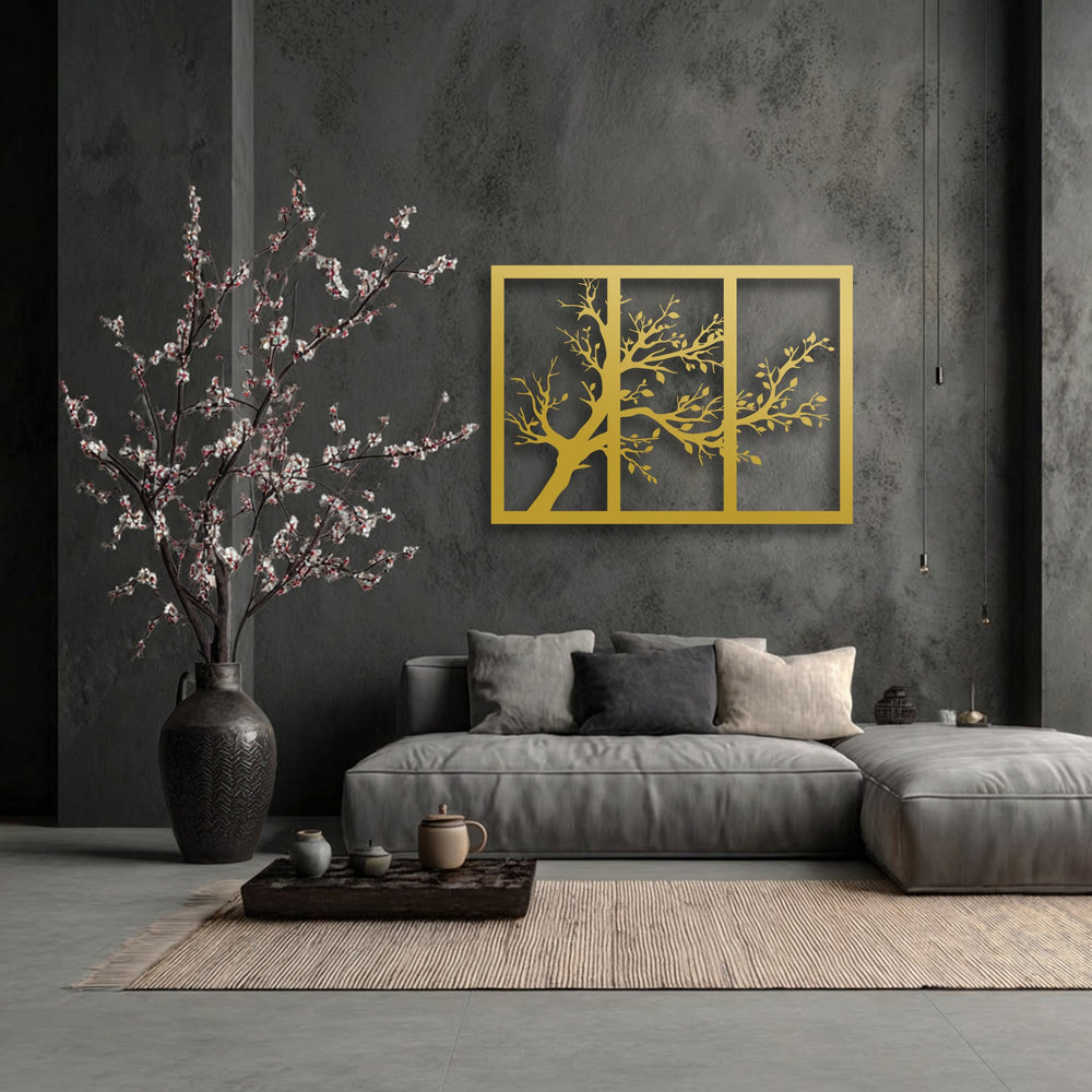 Horizontally oriented, rectangular three-panel metal wall decor featuring a striking minimalist gold tree silhouette.