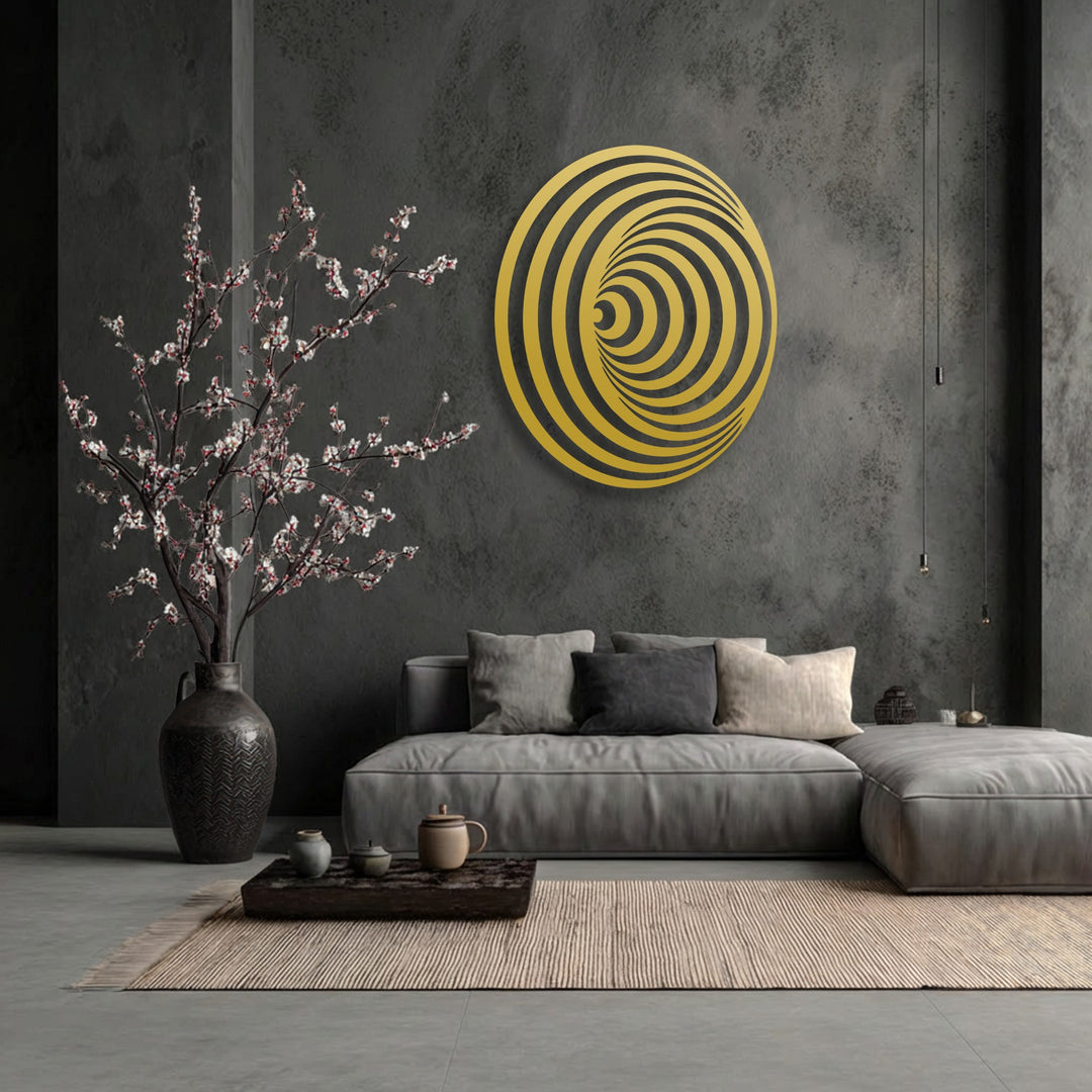 The abstract quality of the hypnotic spiral gold metal art for wall creates a stunning geometric illusion in the contemporary space.