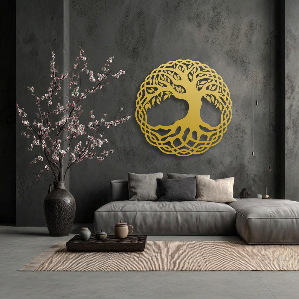 The prominent golden Celtic Tree of Life circle metal art for wall serves as the captivating focal point in a serene living space.