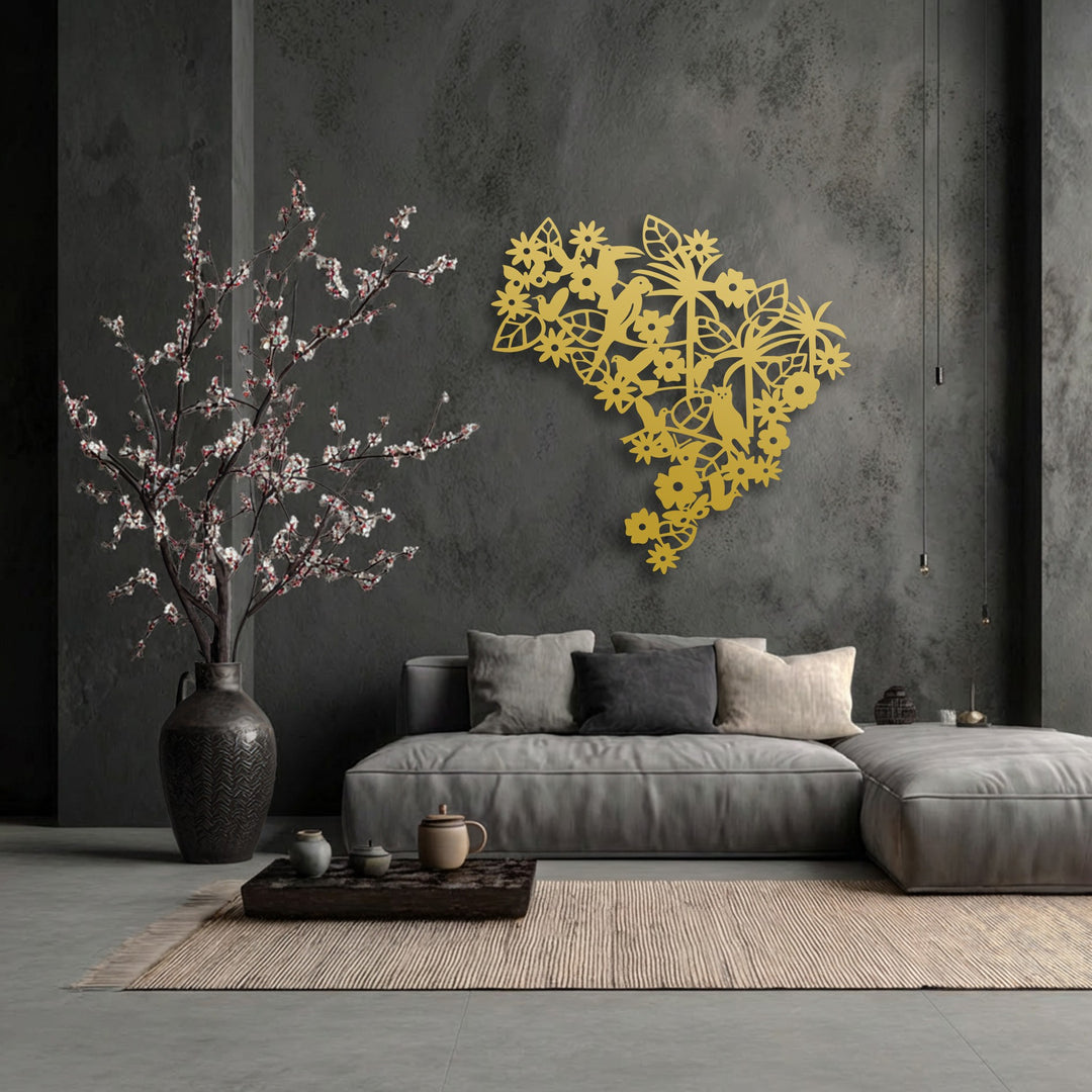 Geometric elements define the intricate golden floral bird decoration wall art, creating a unique nature-inspired decorative panel.