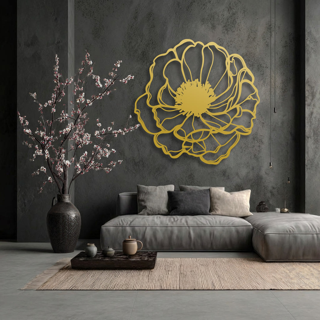 The darkest textured walls provide a striking backdrop for the minimalist floral metal art for wall, complemented by a deep brown vase and dark sofa.