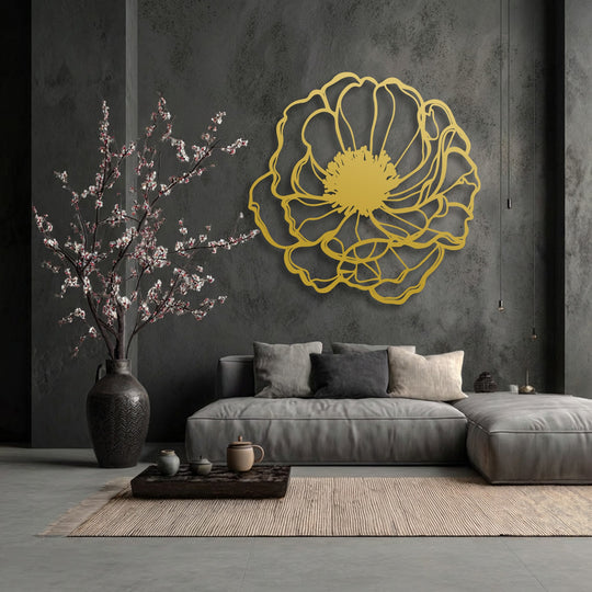 The darkest textured walls provide a striking backdrop for the minimalist floral metal art for wall, complemented by a deep brown vase and dark sofa.