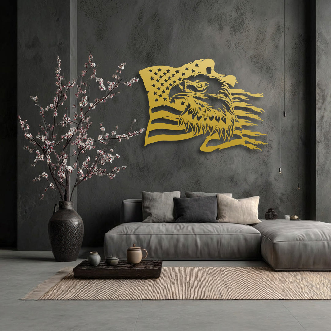 The realistic detail of the striking golden eagle and American flag metal wall decor is evident on the textured dark wall.