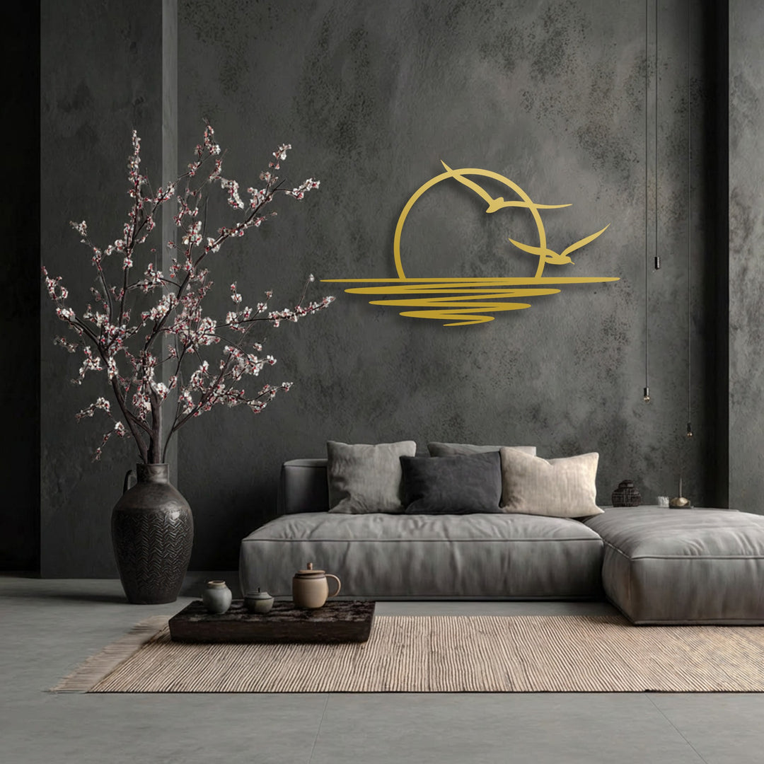 Low color saturation defines the overall ambiance, with the golden sunset seagull metal artwork providing a warm highlight to the coastal decor.