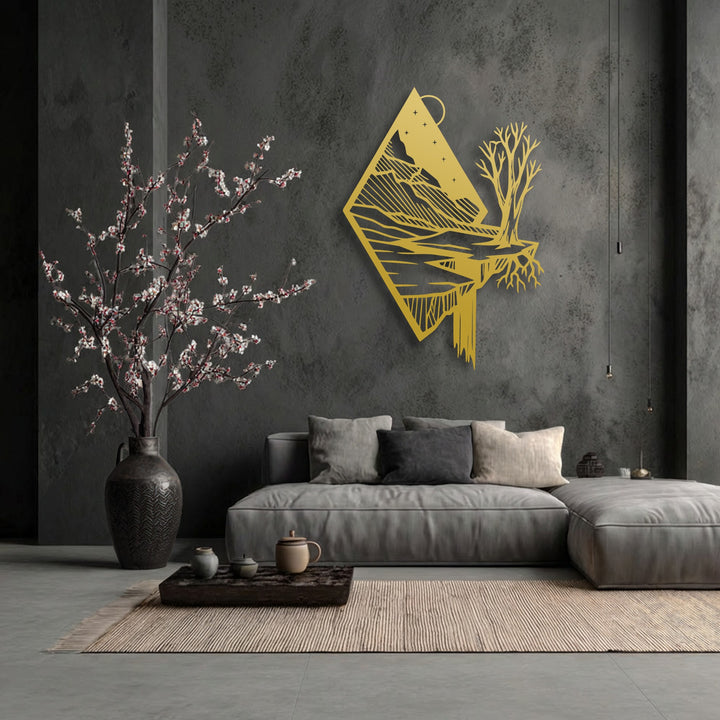Subtle light and deep shadows define the modern nature metal wall decor, highlighting its floating mountain landscape design against a textured dark wall.