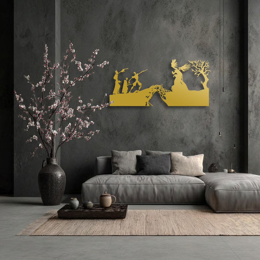 Realistic detail highlights the distinct mythological figures and intricate branch patterns of the gold metal decoration wall art.