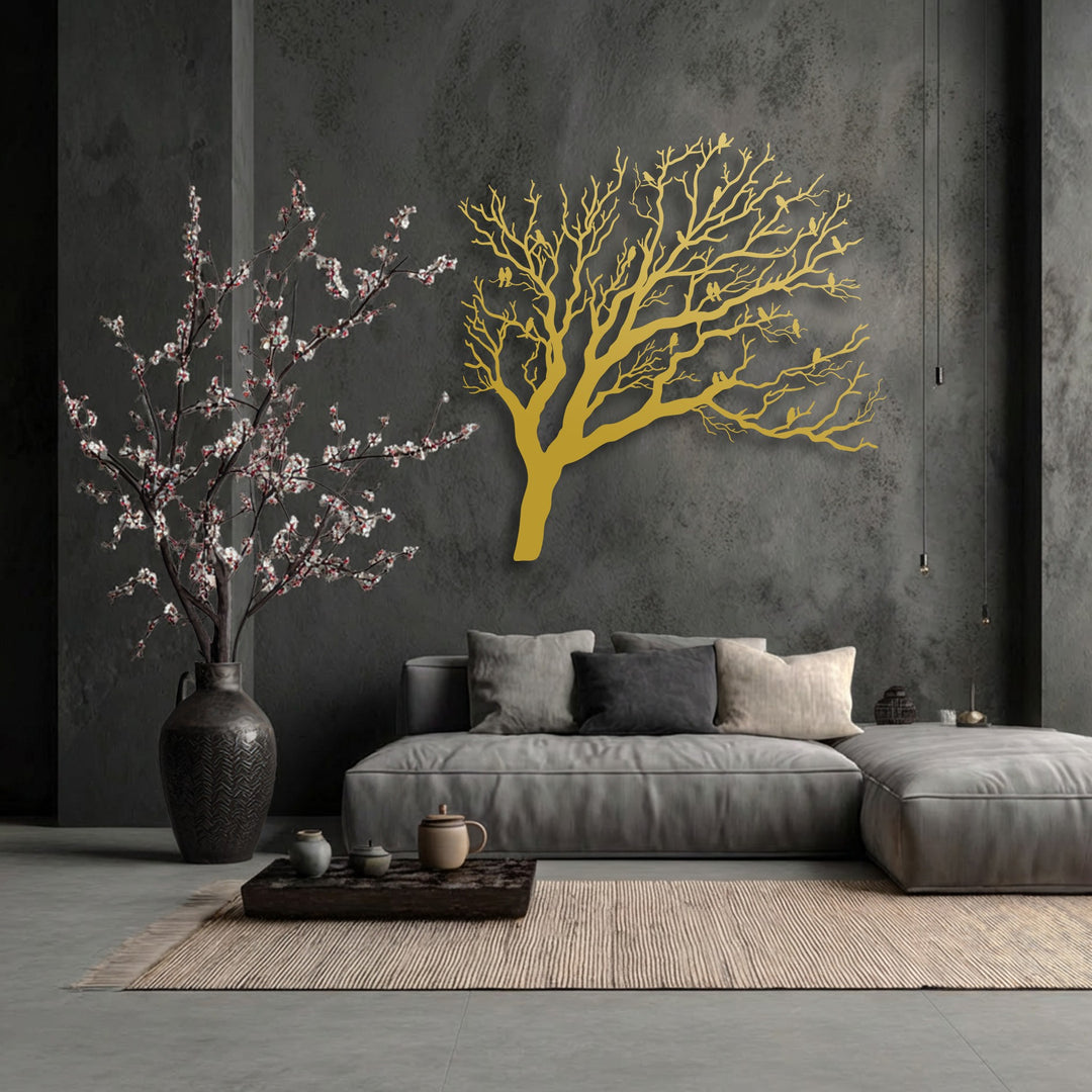 A beige striped rug and dark tray with ceramic tea ware rest in the foreground, harmonizing with the modern metal wall decor.