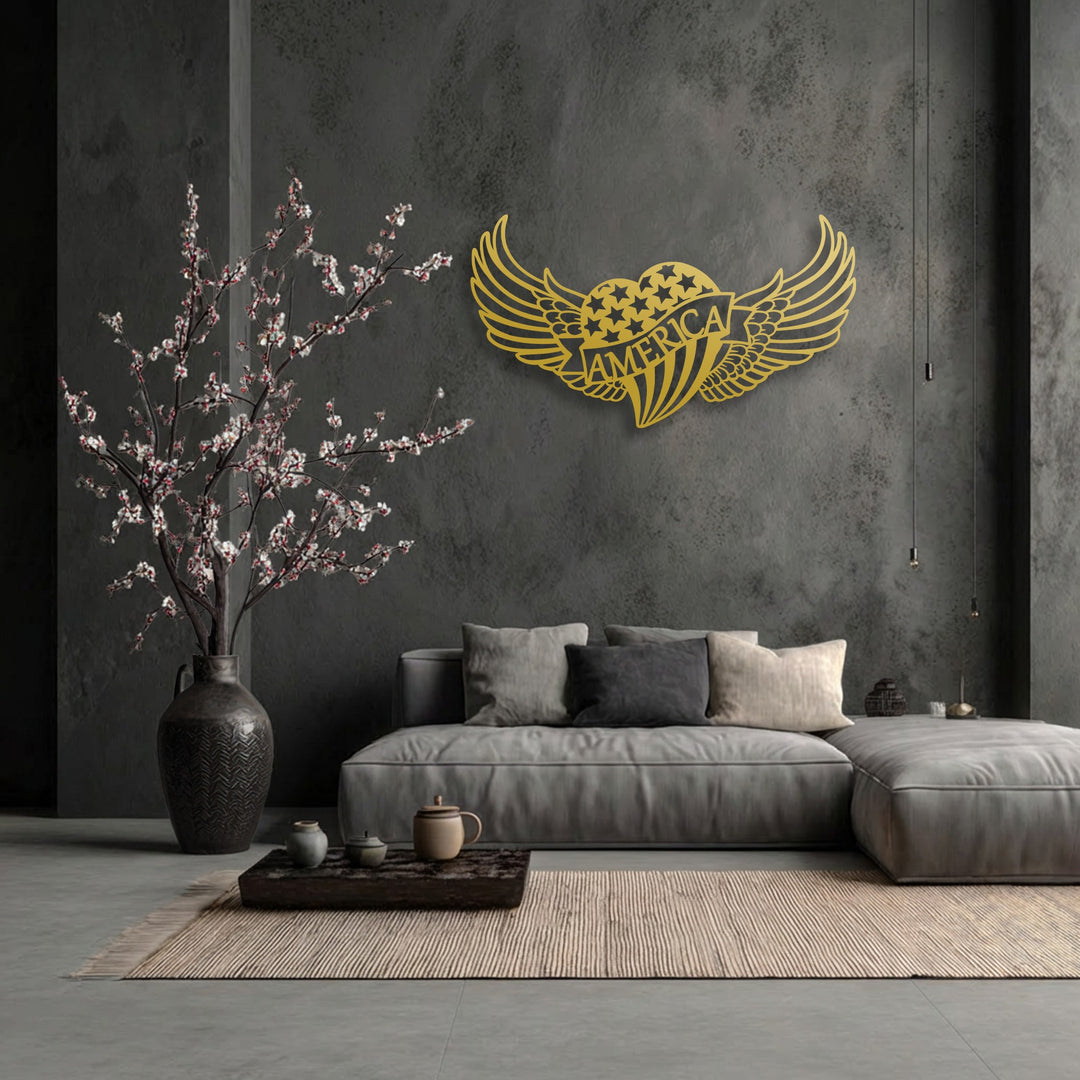 The darkest area, a deep textured wall, prominently displays a golden Freedom Wings American Heart metal decoration wall art, creating a bold statement.