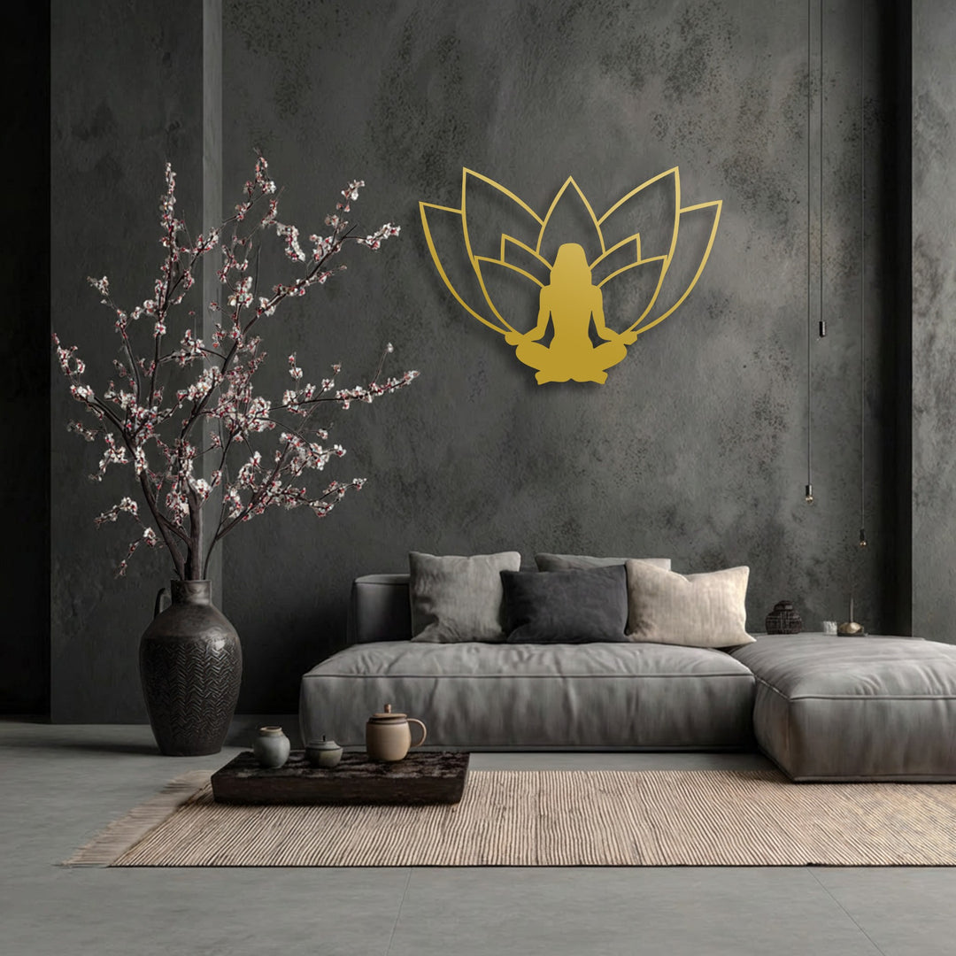 A tranquil and serene mood fills the space, highlighted by the golden Lotus Meditation Silhouette metal art for wall in a minimalist room.