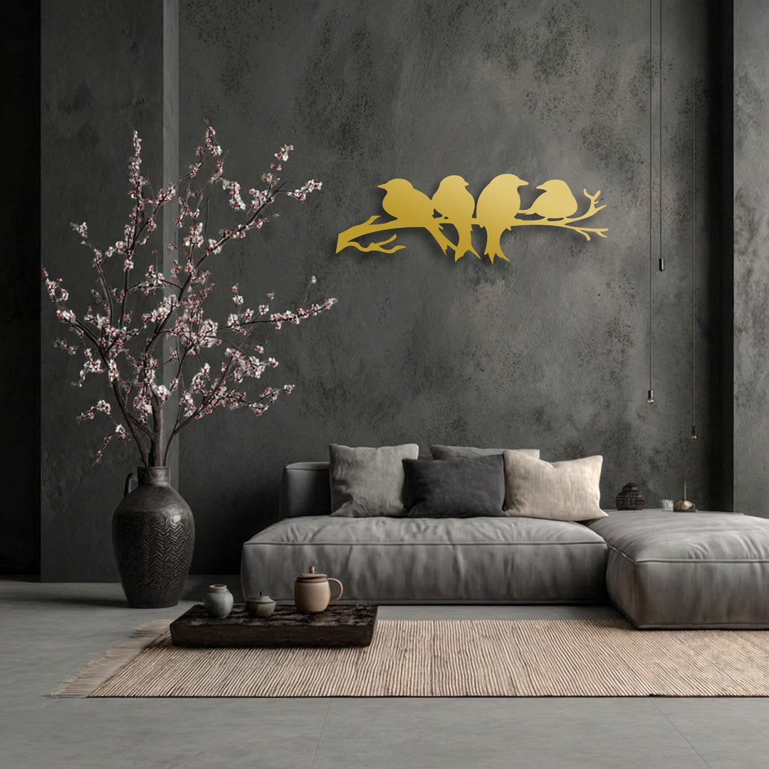 The striking geometric silhouette of the birds on branch unique metal wall art contrasts with the linear rug and patterned vase.