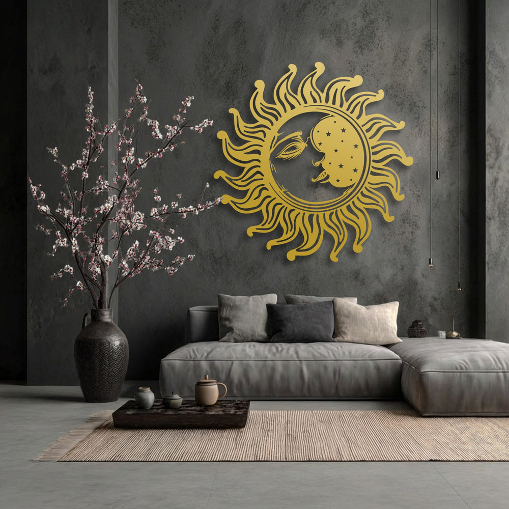 A natural fiber rug and rustic wooden tray with ceramic details define the foreground, enhancing the elegant Sun and Moon metal decoration wall art.