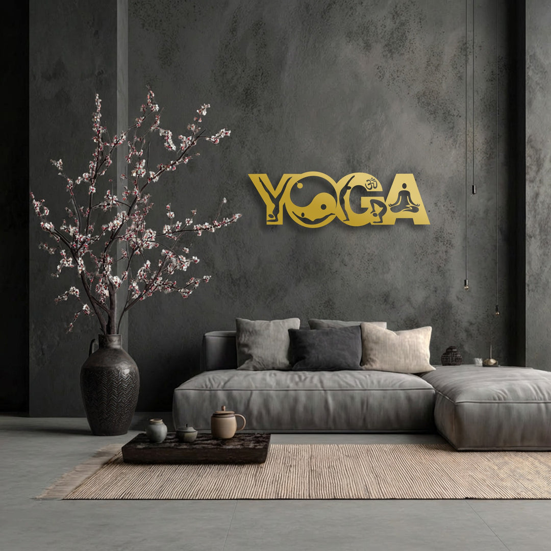 A horizontal, stylized Yoga Balance Flow metal wall decor displaying intricate Yin Yang and meditating figures on a dark wall.