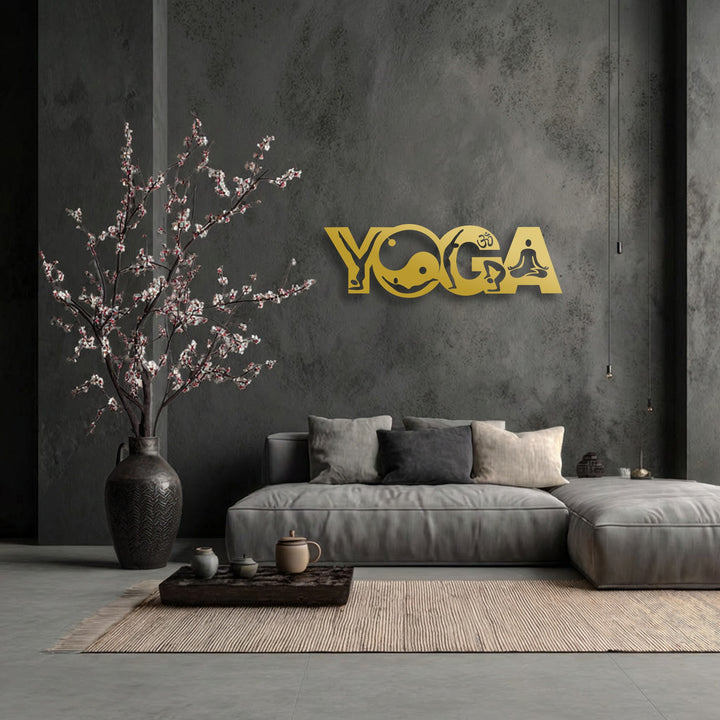 A horizontal, stylized Yoga Balance Flow metal wall decor displaying intricate Yin Yang and meditating figures on a dark wall.