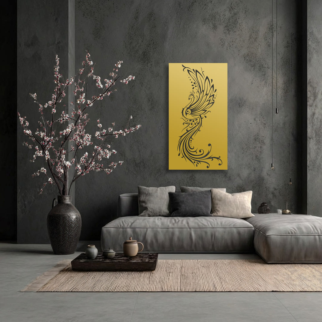 The vibrant yellow panel featuring an ornate black phoenix design is the loudest element, a striking piece of metal art for wall in a modern living space.