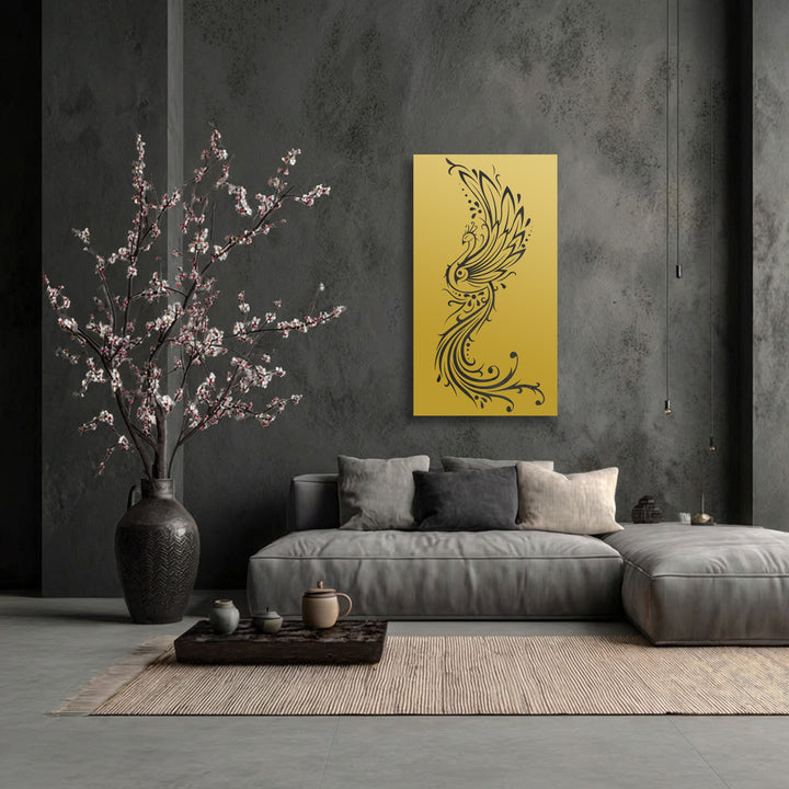 The vibrant yellow panel featuring an ornate black phoenix design is the loudest element, a striking piece of metal art for wall in a modern living space.