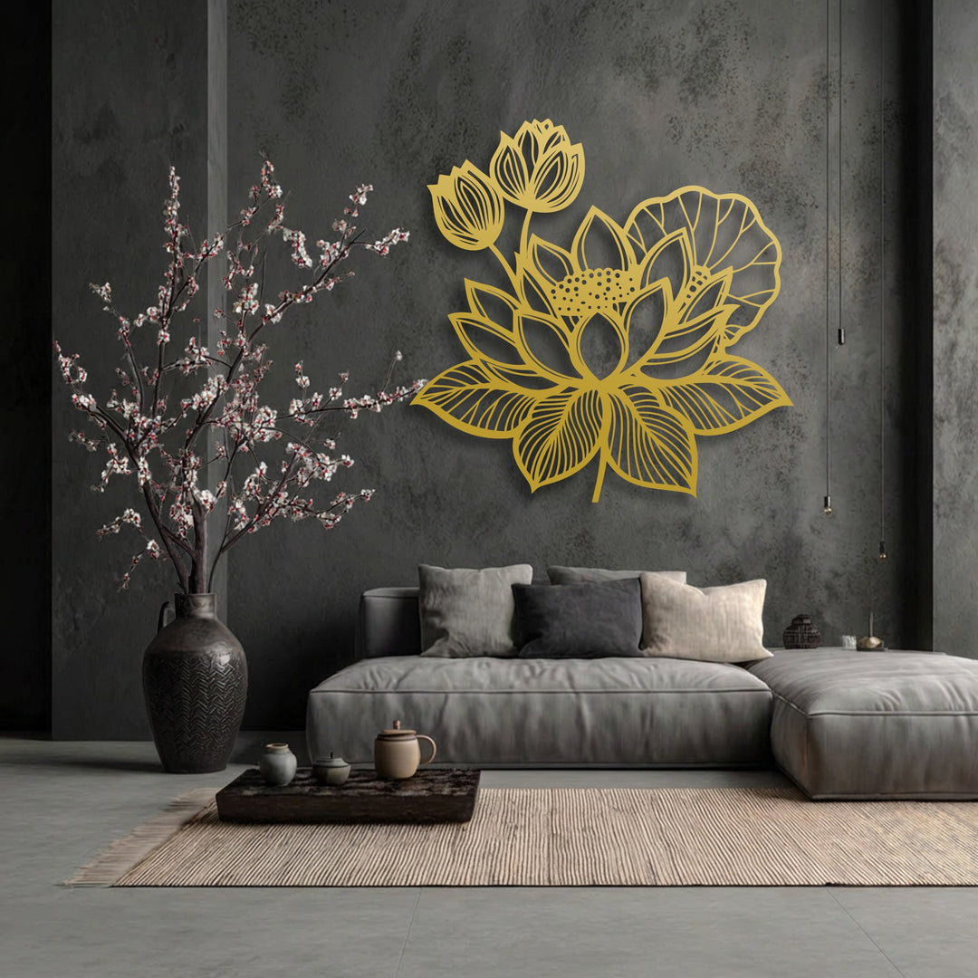 Organic forms of the golden lotus floral design, intricate with delicate petals and buds, stand out as elegant metal art for wall.