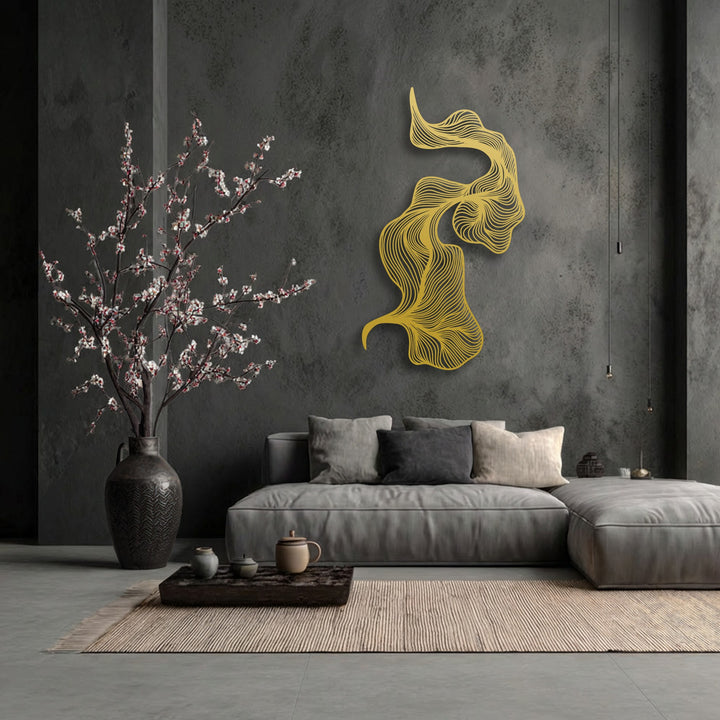 A serene and sophisticated mood is created by the elegant unique metal wall art featuring abstract flowing lines in a minimalist living space.